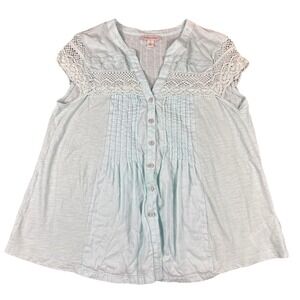 Vintage America Women's Blue Button Down Crochet Trim Cotton Top Size Medium